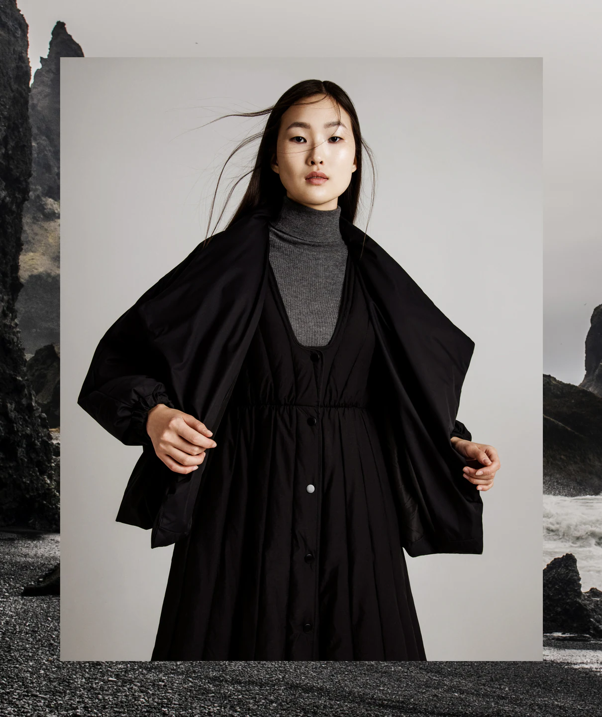 Black layered look in a composition with rocks
