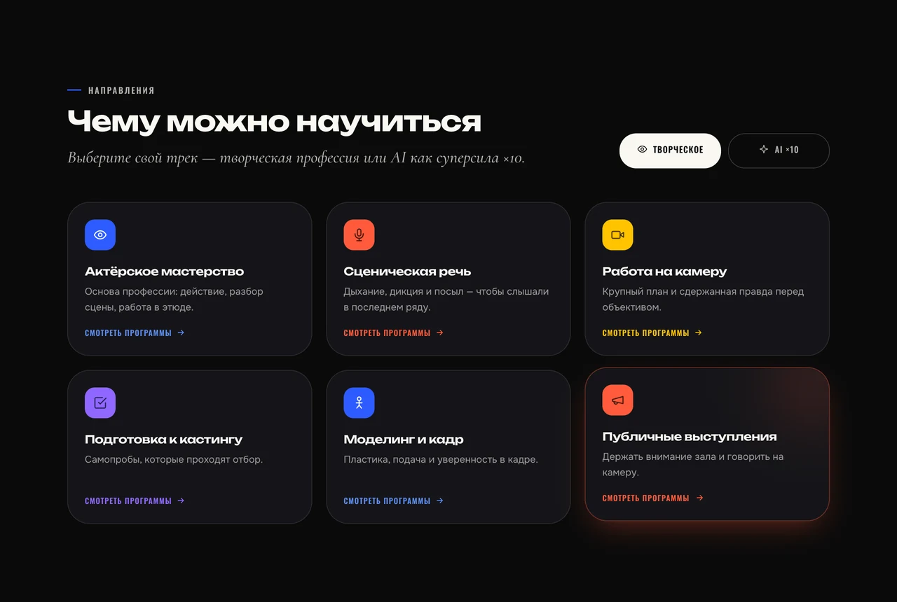 Сетка направлений TalentHub с шестью карточками и цветными иконками